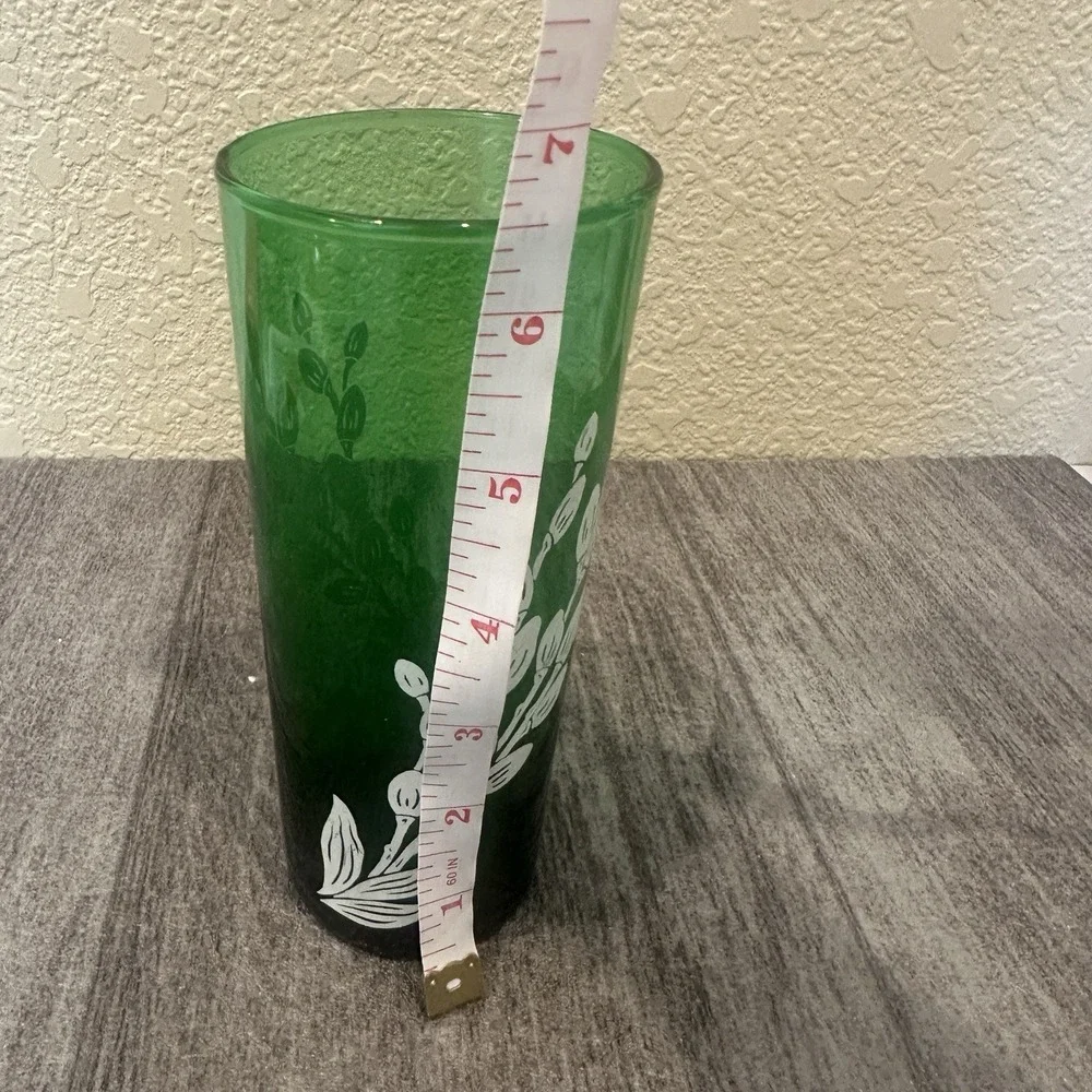 Anchor Hocking Tumbler Forest Green White Plant Buds Retro